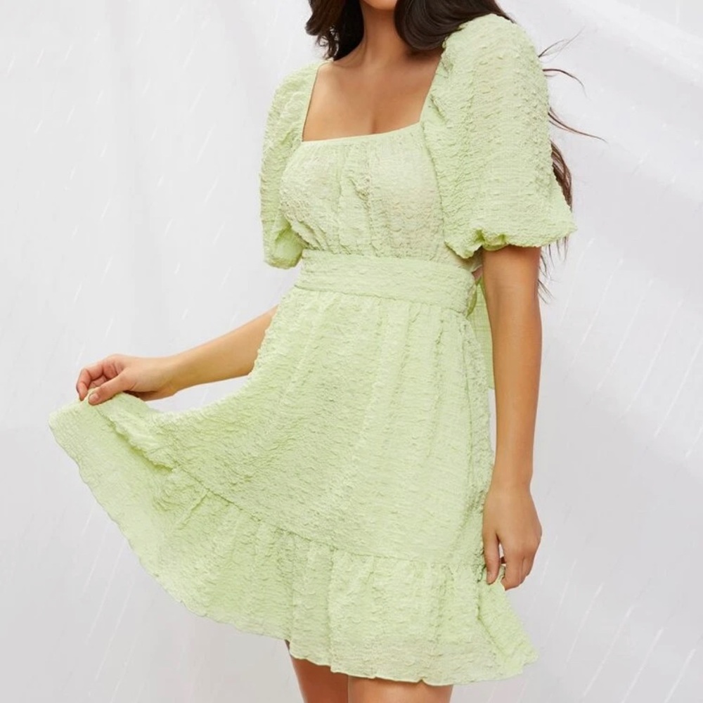 SOLD Small Green Puffy Sleeve Back Tie Dress